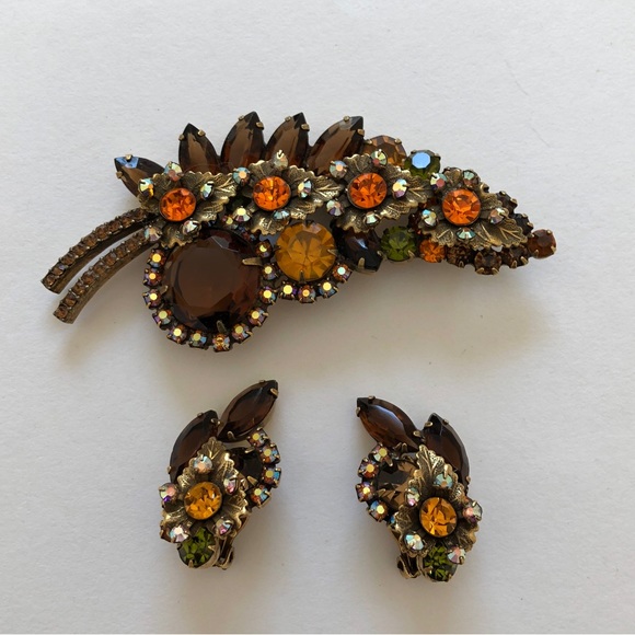 Juliana Rhinestone Brooch & Earrings, Floral Leaf Design, Fall Colors, Vintage - Picture 2 of 13